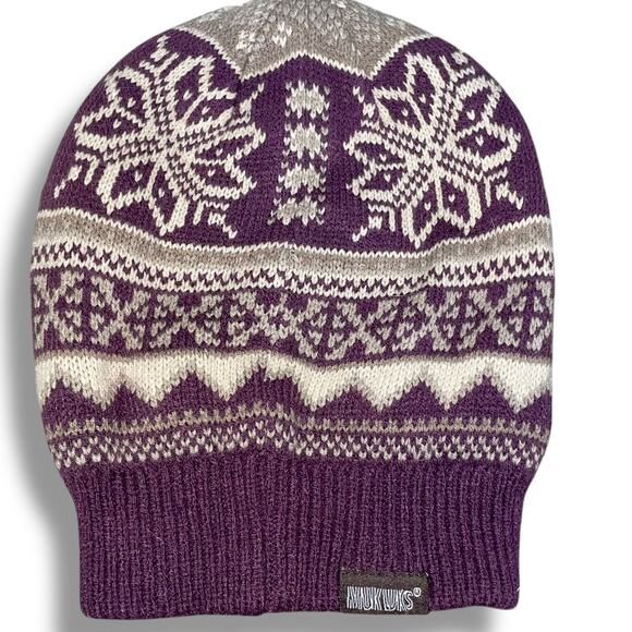 Muk Luks Womens Beanie Knit Hat Skull Reversible Ski Snowboard Snowflake Purple - Picture 4 of 12